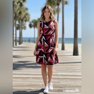 Worthington Red and Black Abstract Midi Dress